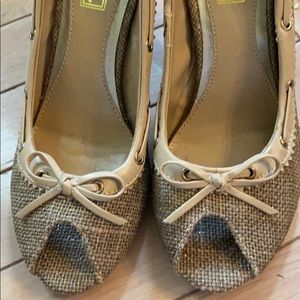 Merona  burlap glittery 3”  heels “leather trim